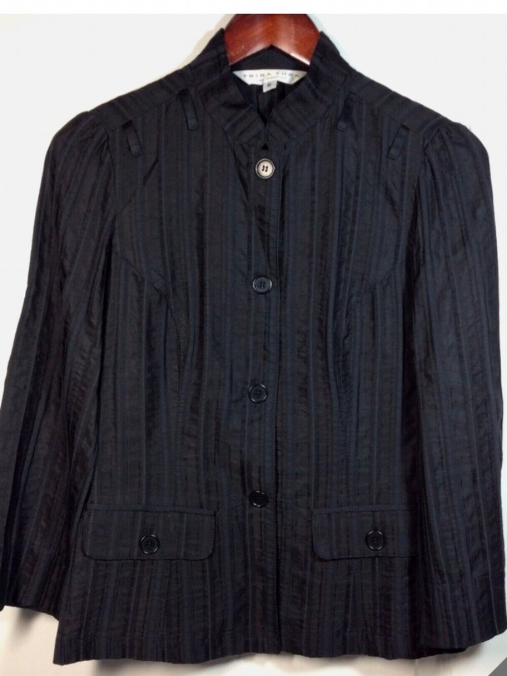 Trina Turk Black Striped Button Pocket Collared Blazer Jacket Size 6 Made In USA